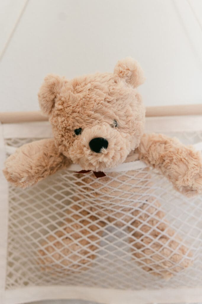 Teddy bear in the nursery during an in-home newborn photography session in Camarillo, California.